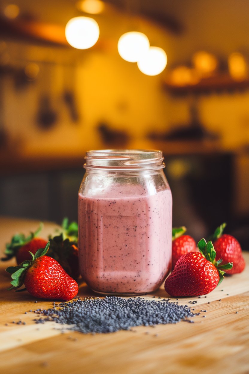 Warm indoor lighting on a jar of pink strawberry poppy seed dressing, strawberries and poppy seeds scattered around. Photo, not illustration. No text or logos.