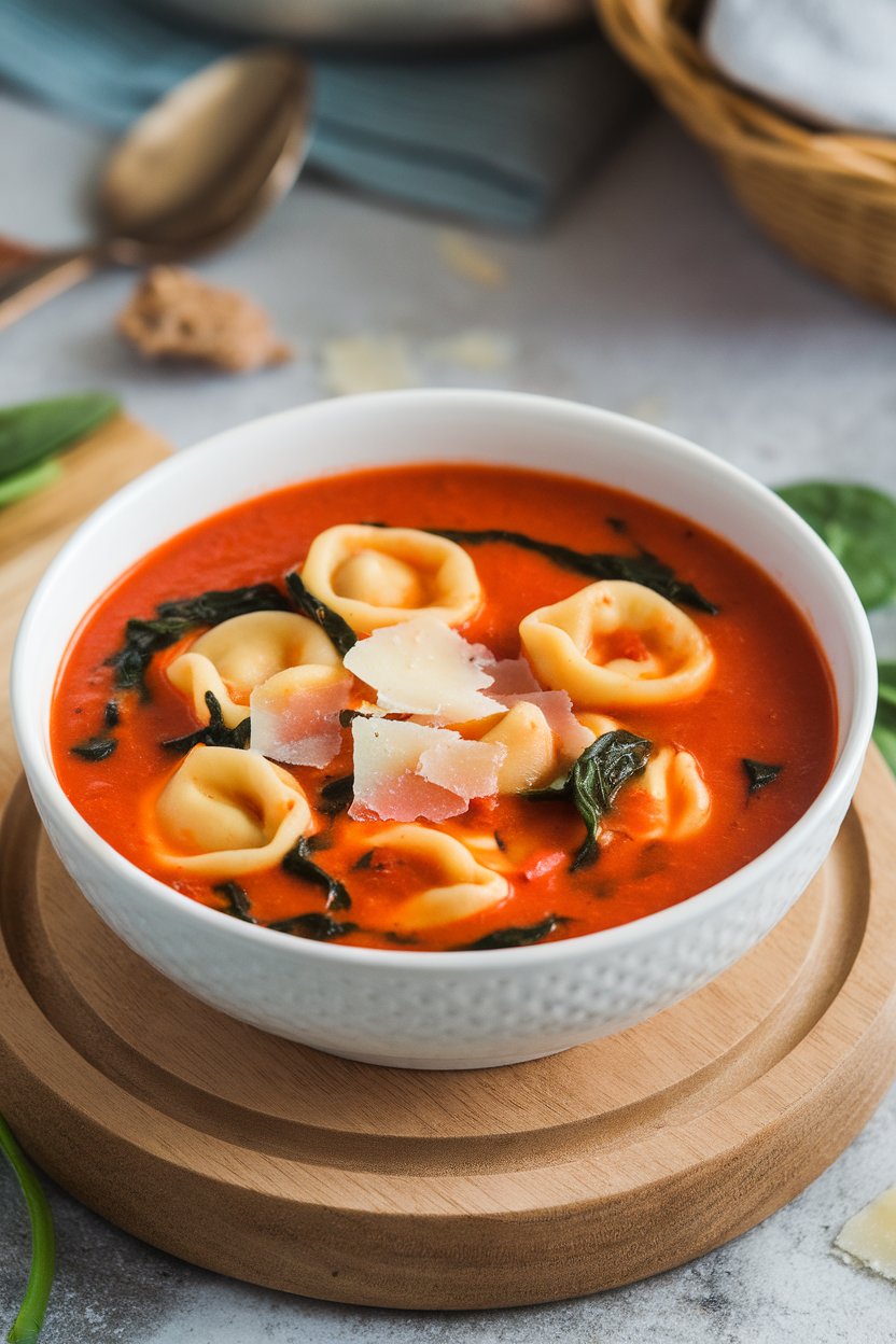 Indoor soup bowl brimming with tomato soup dotted with cheese tortellini and ribbons of spinach, parmesan shaving on top. Photo only, no text or logos.