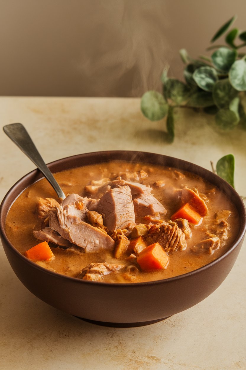 Indoor food photo of a deep bowl filled with chunky turkey and sweet potato stew, steam visible, spoon resting on the side; neutral background, no text or logos.