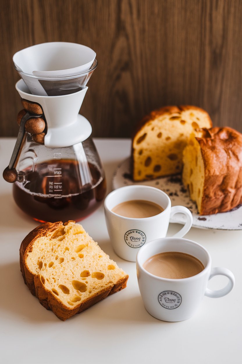 Indoor breakfast setting with a pour-over carafe beside slices of panettone, coffee cups ready, foam not necessary. No text or logos present. Photo only.