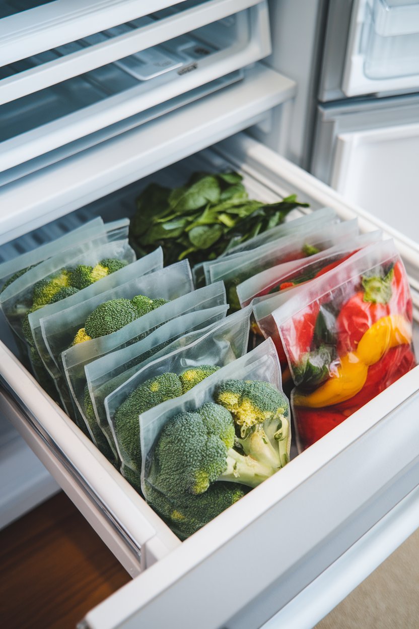 Freezer drawer open to reveal bags of frozen broccoli, spinach, and mixed peppers, photographed indoors in bright light, no logos.