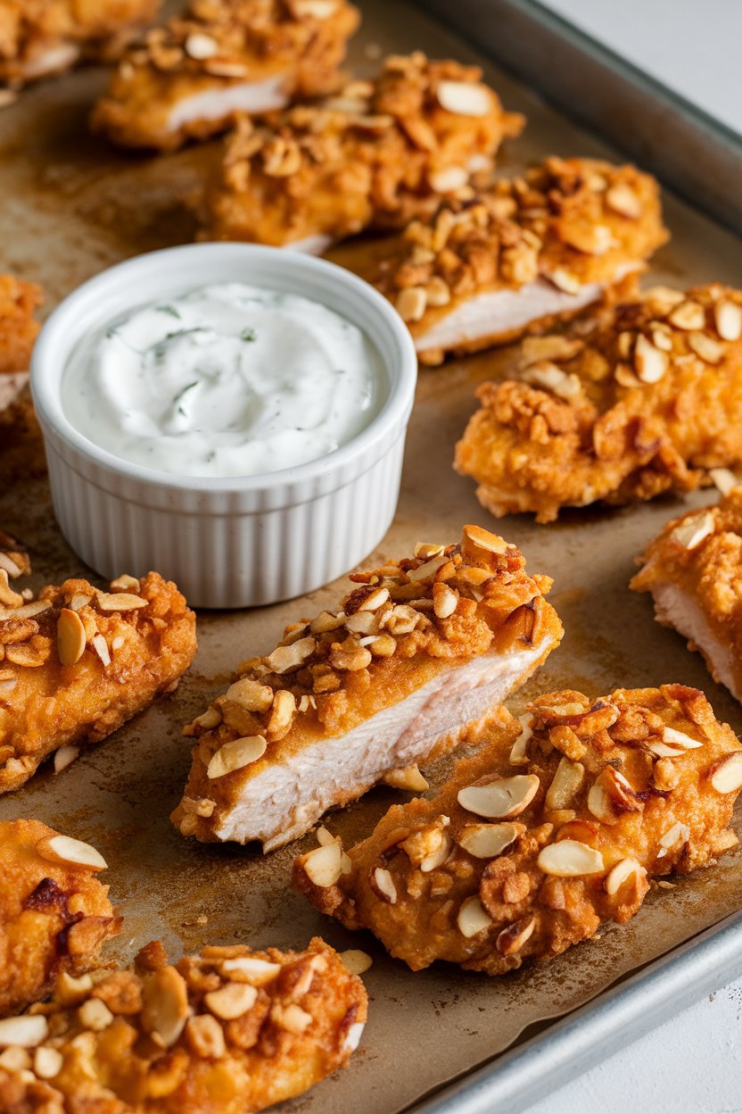 An indoor baking sheet with golden almond-coated chicken strips beside a small ramekin of yogurt dip; photo, no text or logos.
