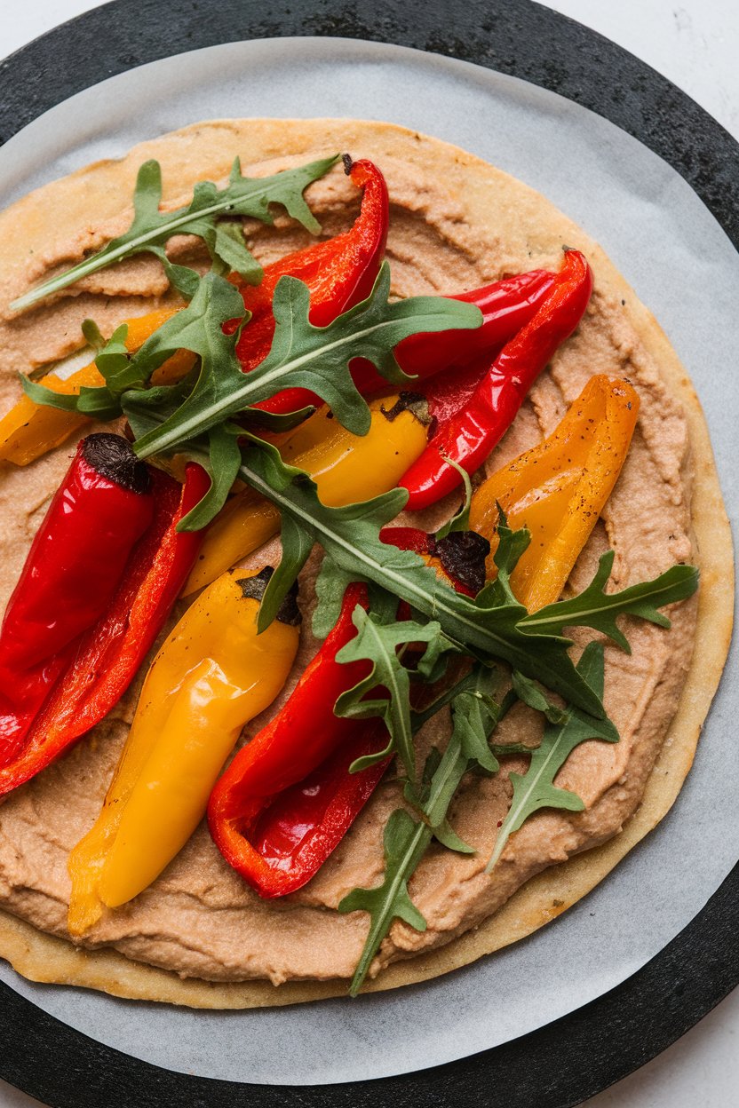 An indoor pizza stone displaying flatbread spread with hummus, topped with roasted red and yellow peppers, arugula scattered over. No text or logos; photo, not illustration.
