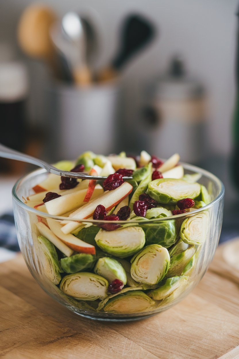 Indoor photo of a glass mixing bowl full of thinly sliced Brussels sprouts, julienned apples, and dried cranberries, fork resting inside. No text or logos.