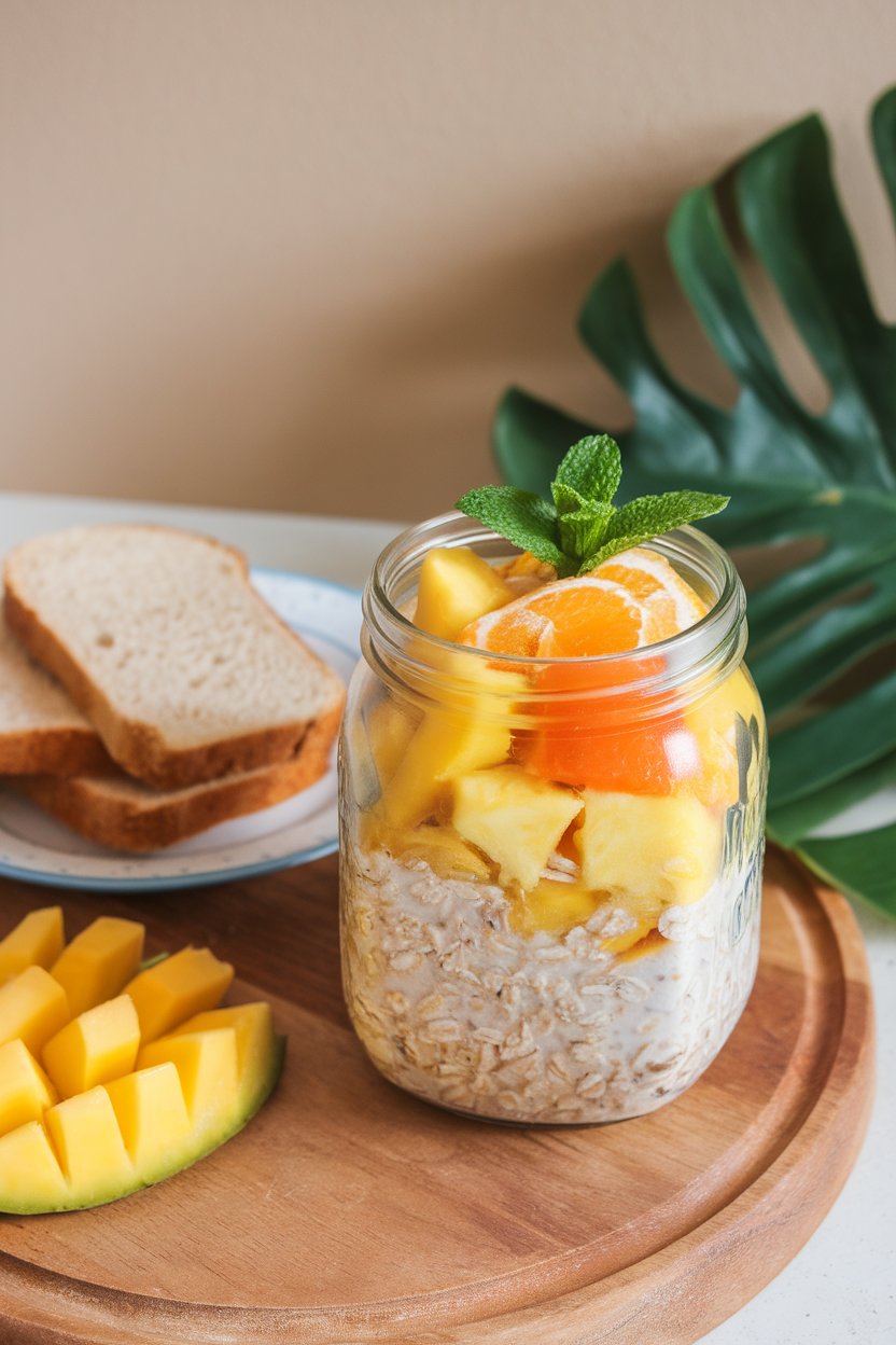 Indoor colorful breakfast scene featuring a jar of oats mixed with mango, pineapple, and orange segments, garnished with a mint leaf. No text or logos. Photo only.
