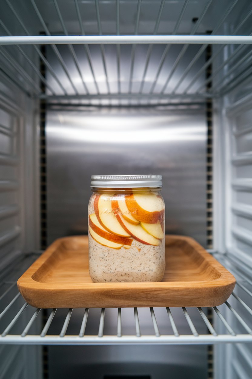 An indoor refrigerator shelf view of a small jar filled with layered apple cinnamon overnight oats; no text or logos.