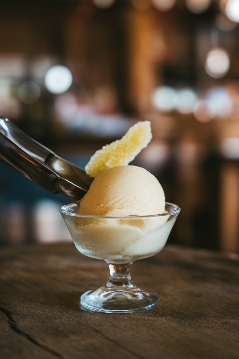 A small dessert bowl indoors scooping pale pear sorbet, sliver of crystallized ginger on top; no text or logos, photo only
