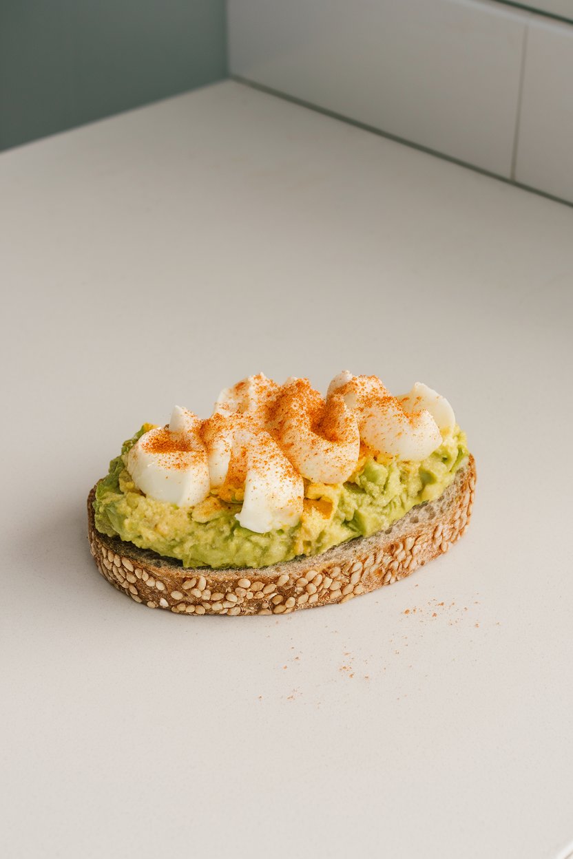 An indoor countertop with an open-faced slice of sprouted bread topped with avocado egg salad and a pinch of paprika. No text or logos anywhere. Photo only.