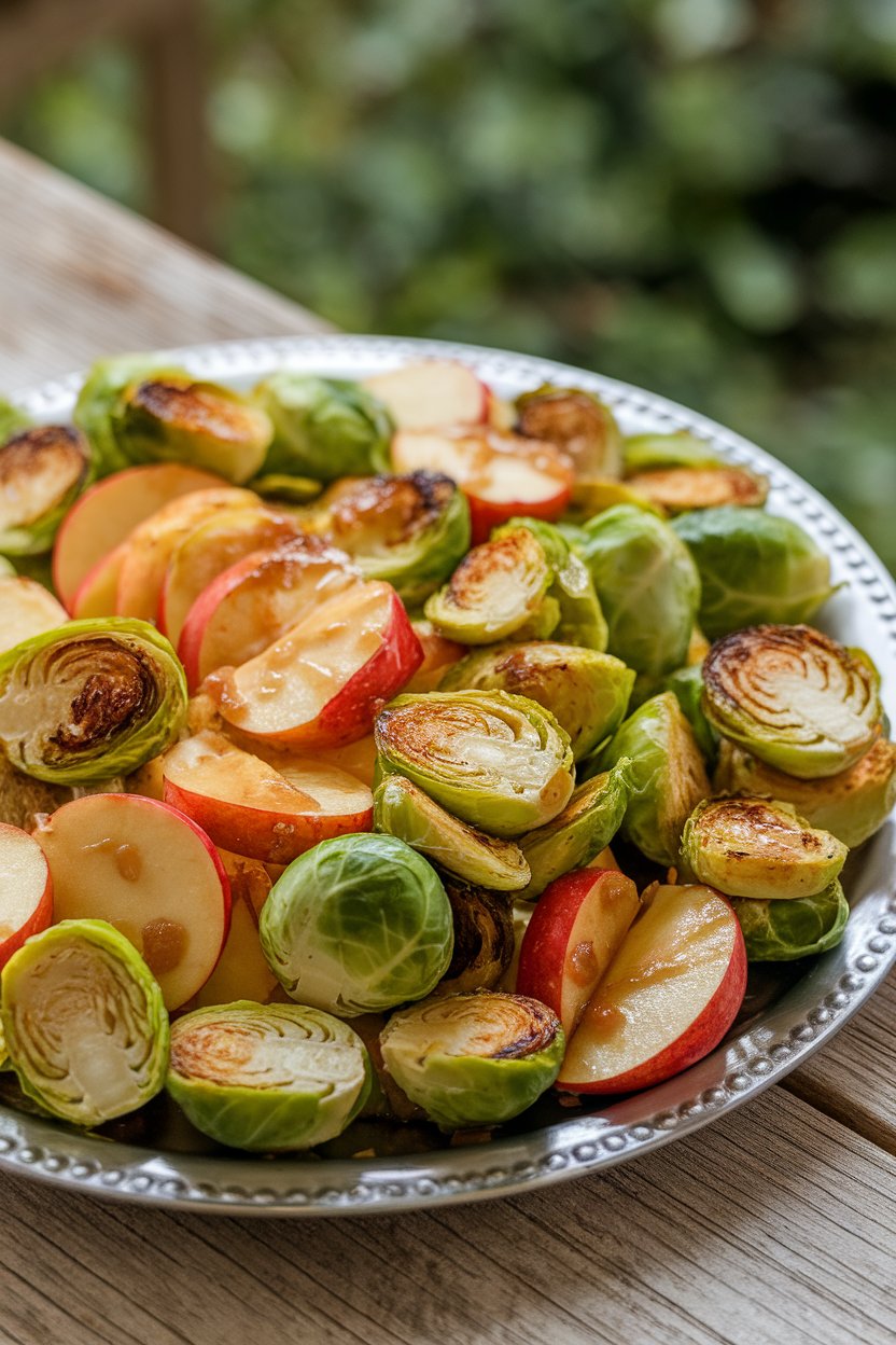Indoor food photo of halved Brussels sprouts and apple slices glazed with maple-mustard on a platter; no text or logos.