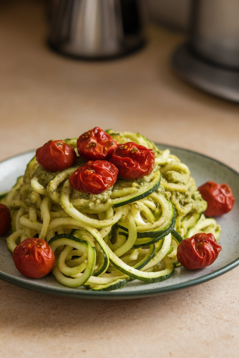 Indoor plate of zucchini noodles tossed in pesto, dotted with blistered cherry tomatoes. No logos.