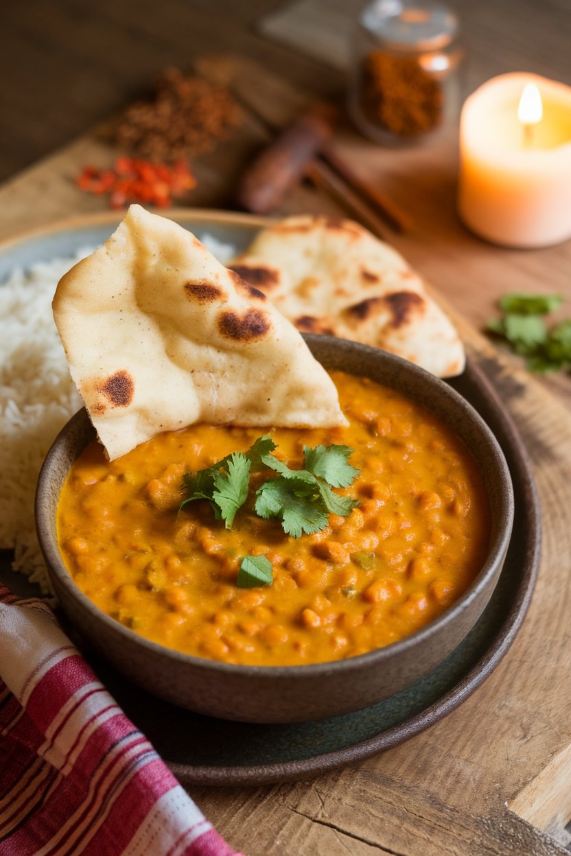 Photo of a warm indoor bowl of orange pumpkin lentil dal with a sprinkle of cilantro on top; no text or logos in scene.