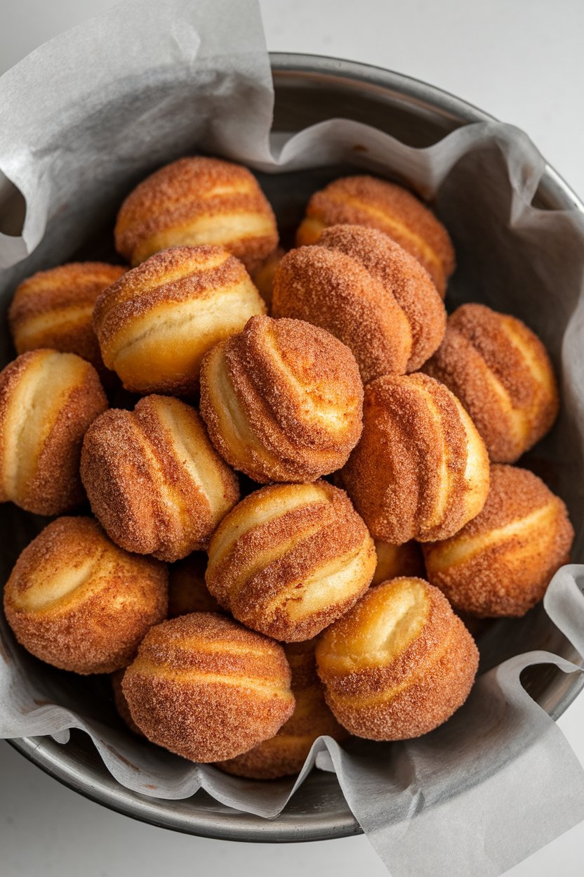 Indoor bowl of golden doughnut holes rolled in cinnamon sugar, lined with parchment. No text or logos. Photo only.