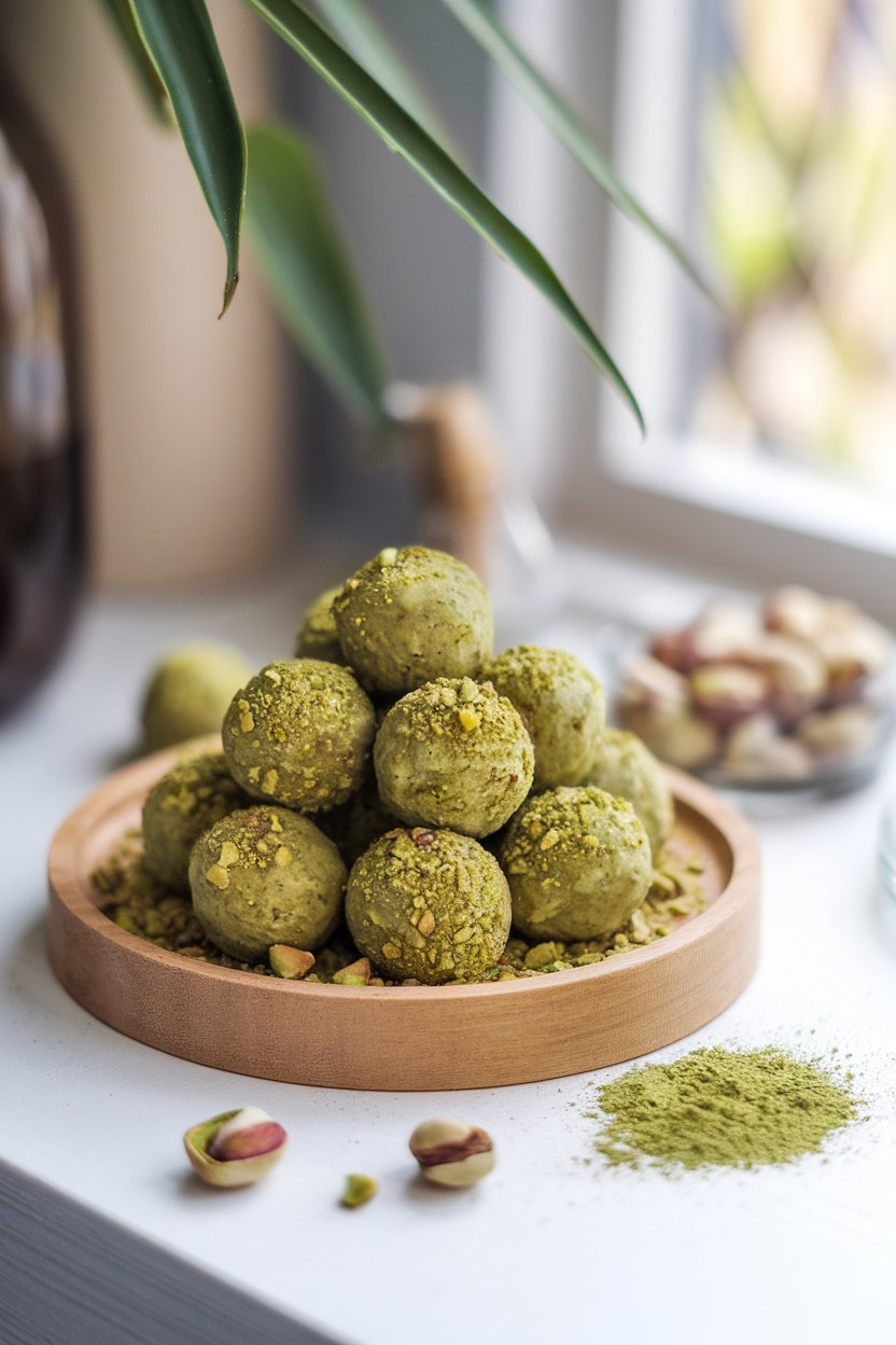 An indoor wooden tray with green-tinted matcha bliss balls dusted in crushed pistachios, subtle afternoon light. No logos or text.