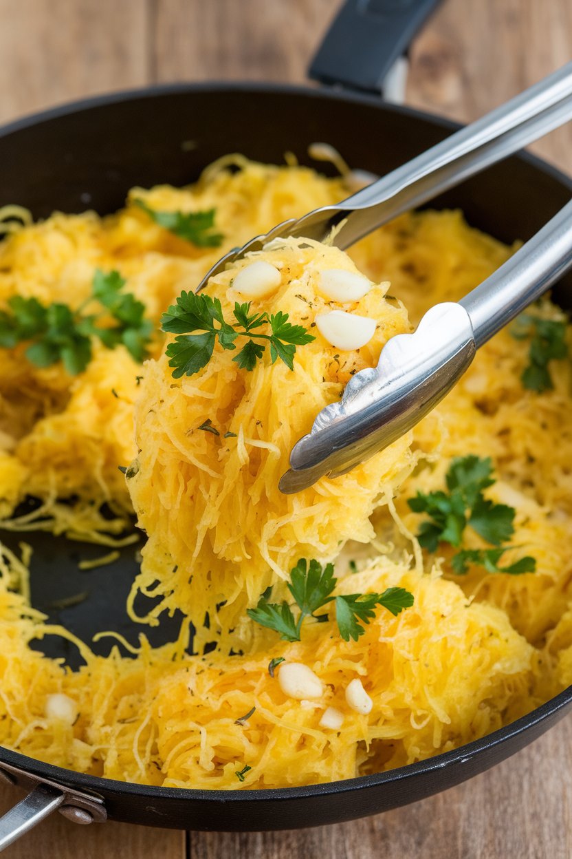 Indoor photo of spaghetti squash strands tossed with garlic and parsley in a skillet, tongs lifting a serving. No text or logos; photograph.