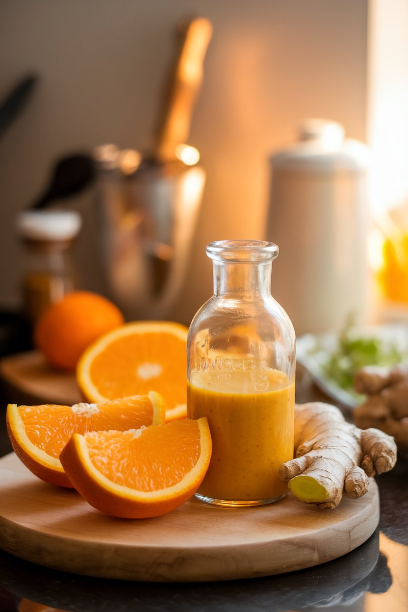A warmly lit indoor countertop featuring a glass bottle of orange ginger dressing, fresh orange slices, and a knob of ginger on a wooden board. Photo, not illustration. No text or logos.