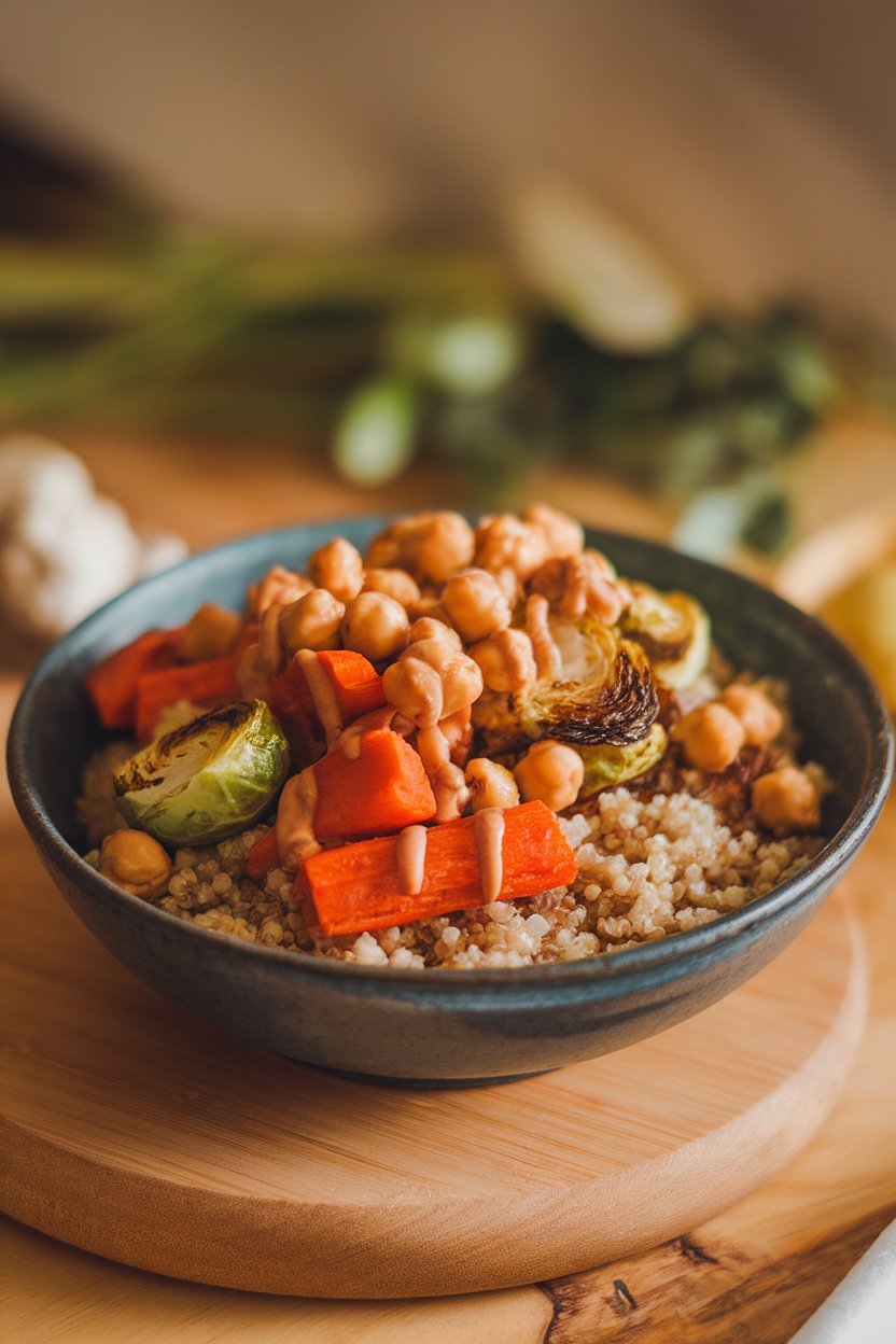 Photo of an indoor bowl containing quinoa topped with roasted carrots, Brussels sprouts, chickpeas, and tahini drizzle; no text or logos