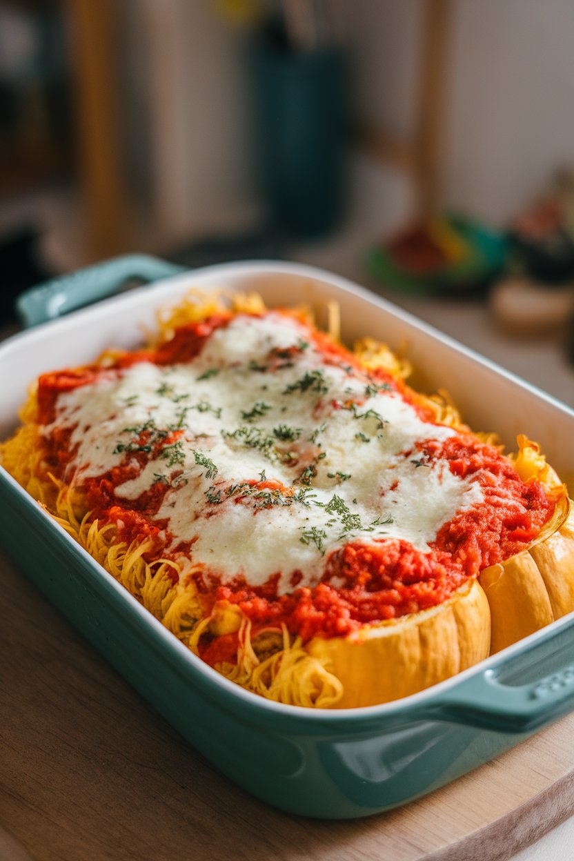 Indoor photo of a casserole dish showing spaghetti squash strands baked with tomato sauce and melted Parmesan on top. No text or logos.