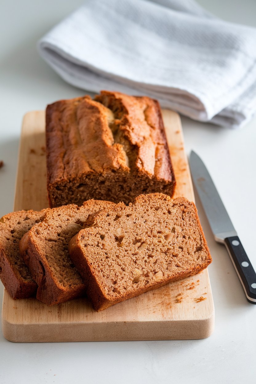 An indoor cutting board with several slices of moist banana bread made from spelt flour, one slice resting on its side. No text or logos present.