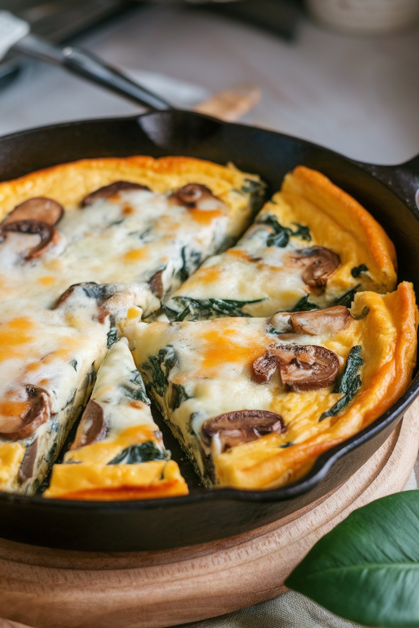 Indoor skillet of golden frittata sliced into wedges, mushrooms and spinach visible, cheese melted on top. Photo only, no text or logos.