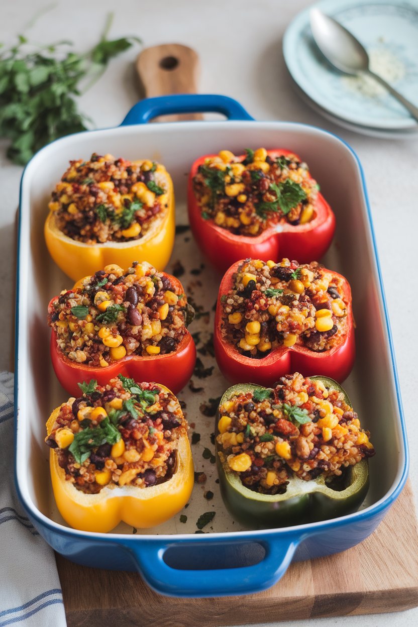 An indoor casserole dish showing halved bell peppers filled with colorful quinoa, corn, and black bean mixture, baked until tops are golden. No logos or text.