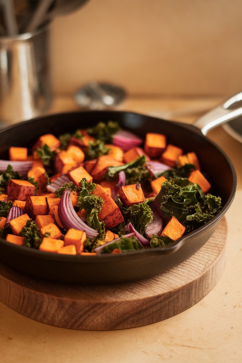 A skillet on a wooden trivet indoors, filled with cubed roasted sweet potatoes, red onions, and kale ribbons; photo only, no text or logos.