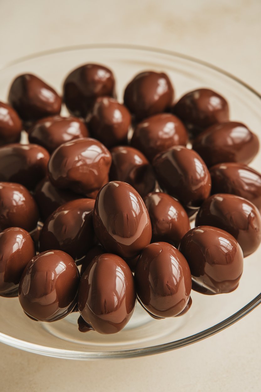 An indoor dessert plate with small mounds of roasted almonds coated in glossy dark chocolate, chilled and set; no text or logos; photo