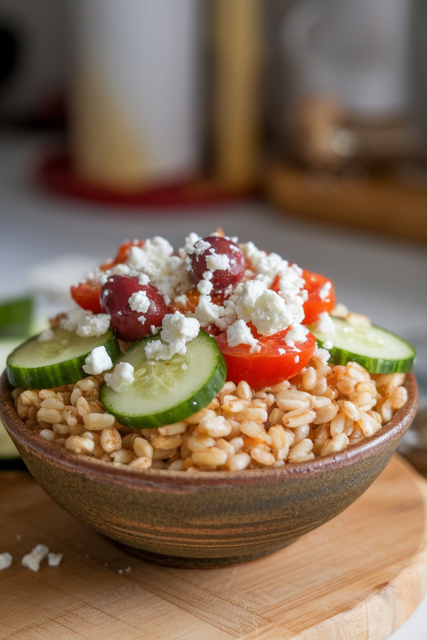 An indoor ceramic bowl featuring cooked farro topped with cucumber, cherry tomatoes, feta crumbles, and olives. No text or logos present.