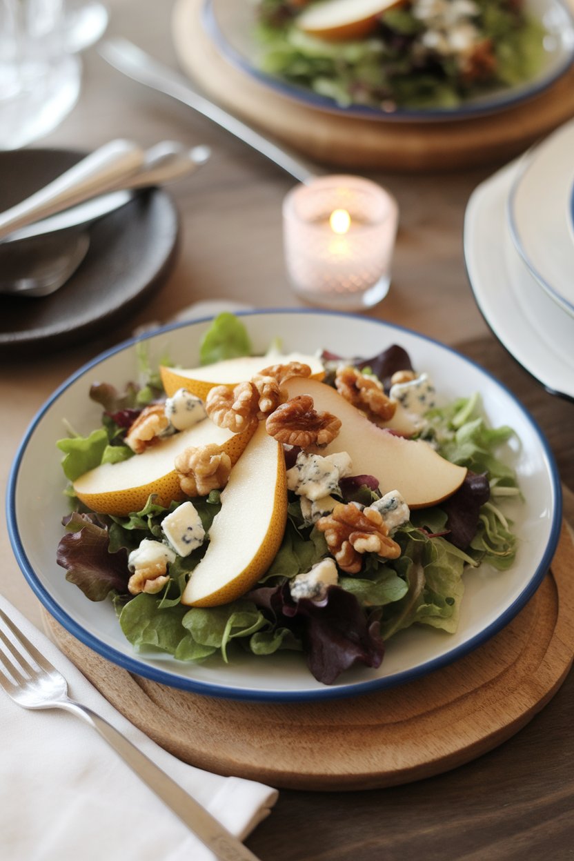 Indoor bistro setting with a plate of mixed greens topped with ripe pear slices, toasted walnuts, and blue cheese crumbles dressed in a light vinaigrette. Photo only, no text or logos.