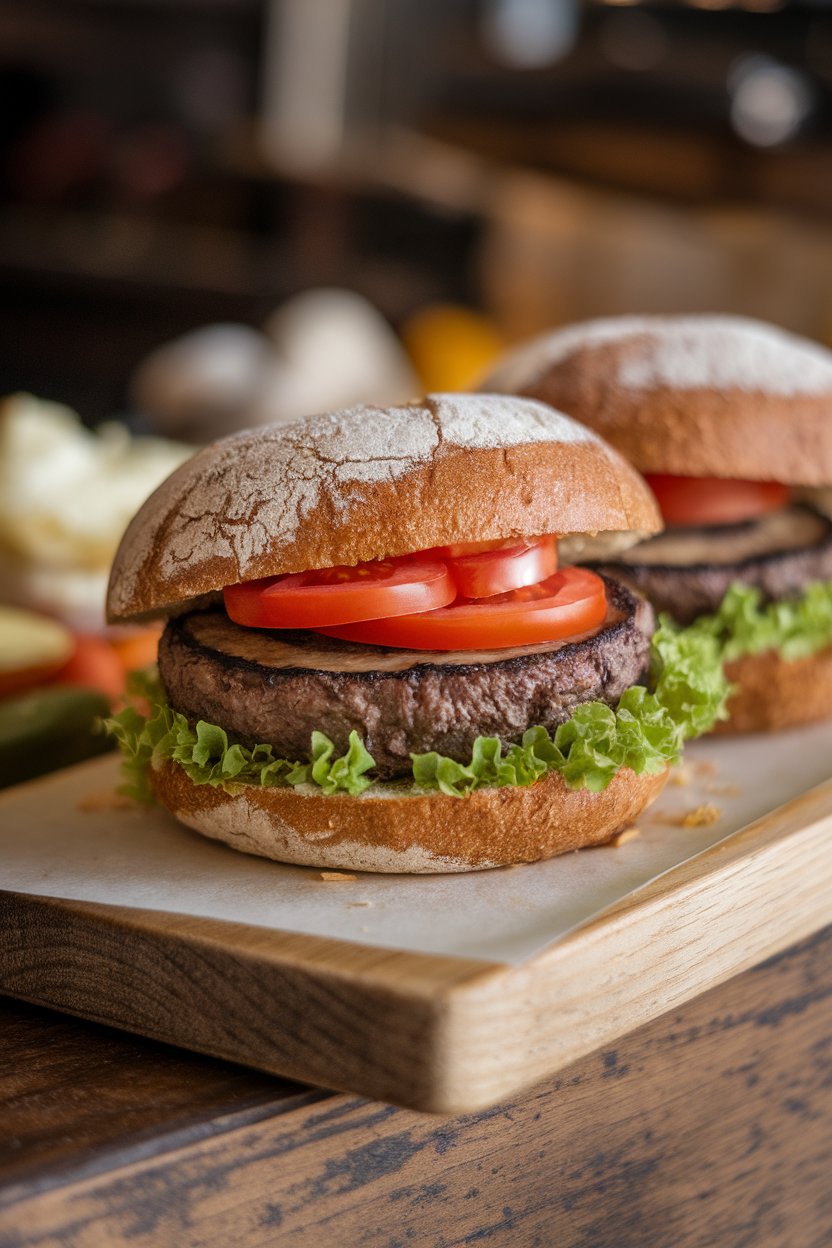 Photo of an indoor burger board with grilled portobello caps in whole-grain buns, lettuce and tomato inside, no text or logos