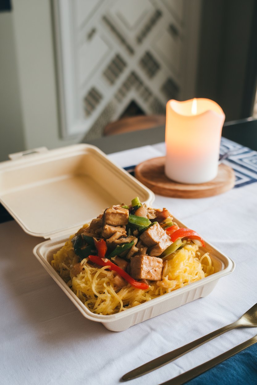An indoor dining table with a takeaway container of cooked spaghetti squash tossed with sautéed tofu, peppers, and light peanut sauce, no logos visible.