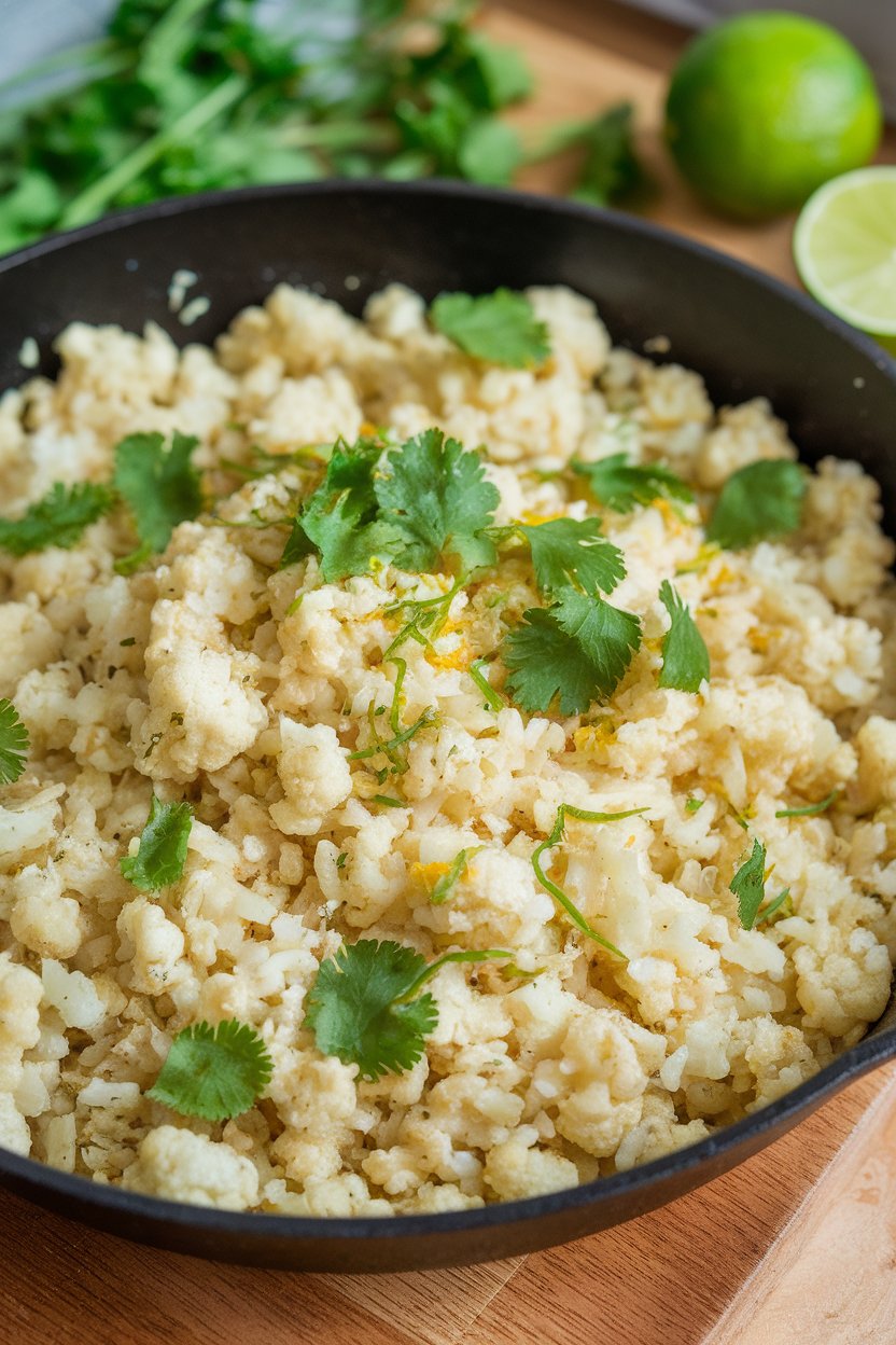 Indoor skillet of fluffy cauliflower rice flecked with cilantro and lime zest—no text or logos.