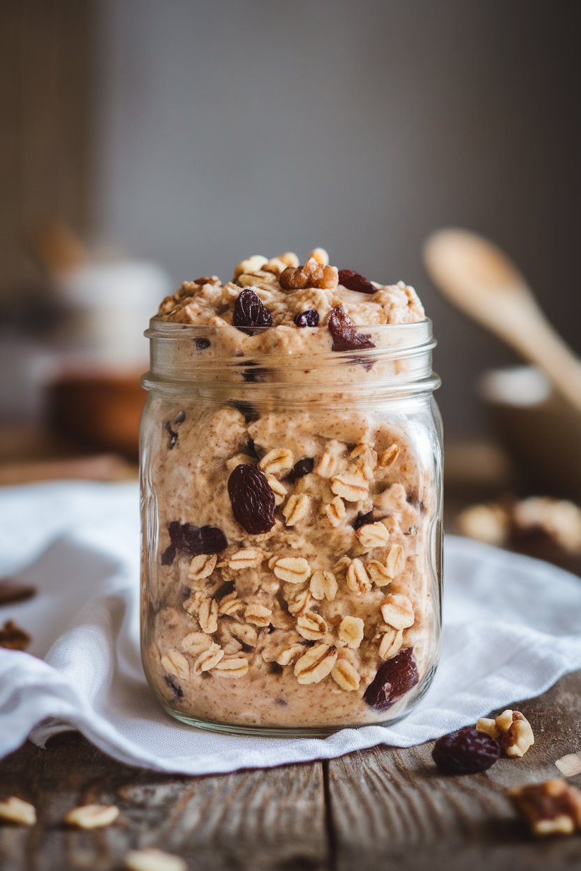 Indoor rustic table shot of a jar with cinnamon-speckled oats, plump raisins, and chopped walnuts, resembling cookie dough. No logos. Photo not illustration.