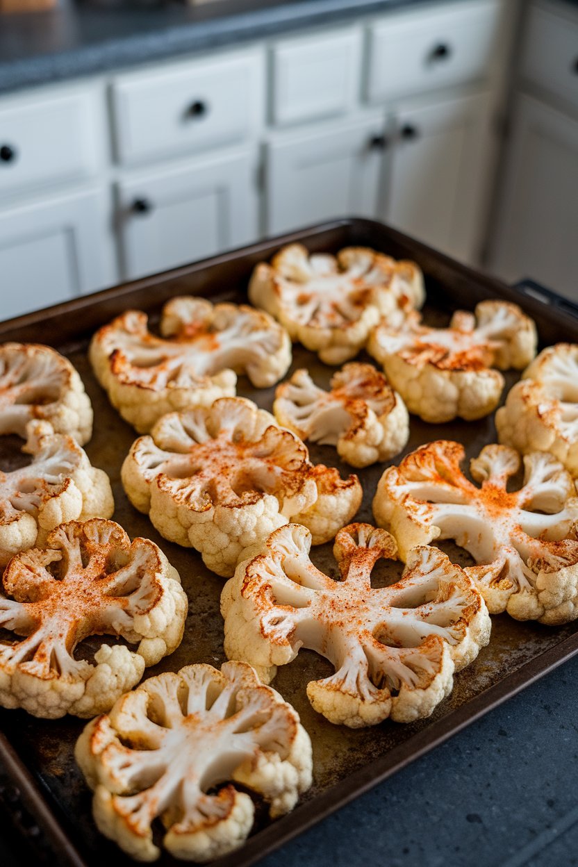 An indoor baking sheet holding thick roasted cauliflower slabs seasoned with paprika, photo, no text or logos.