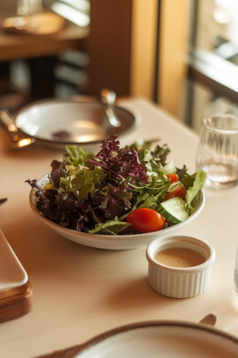 Restaurant table photo showing a mixed salad with a small ramekin of dressing beside it, no logos visible.