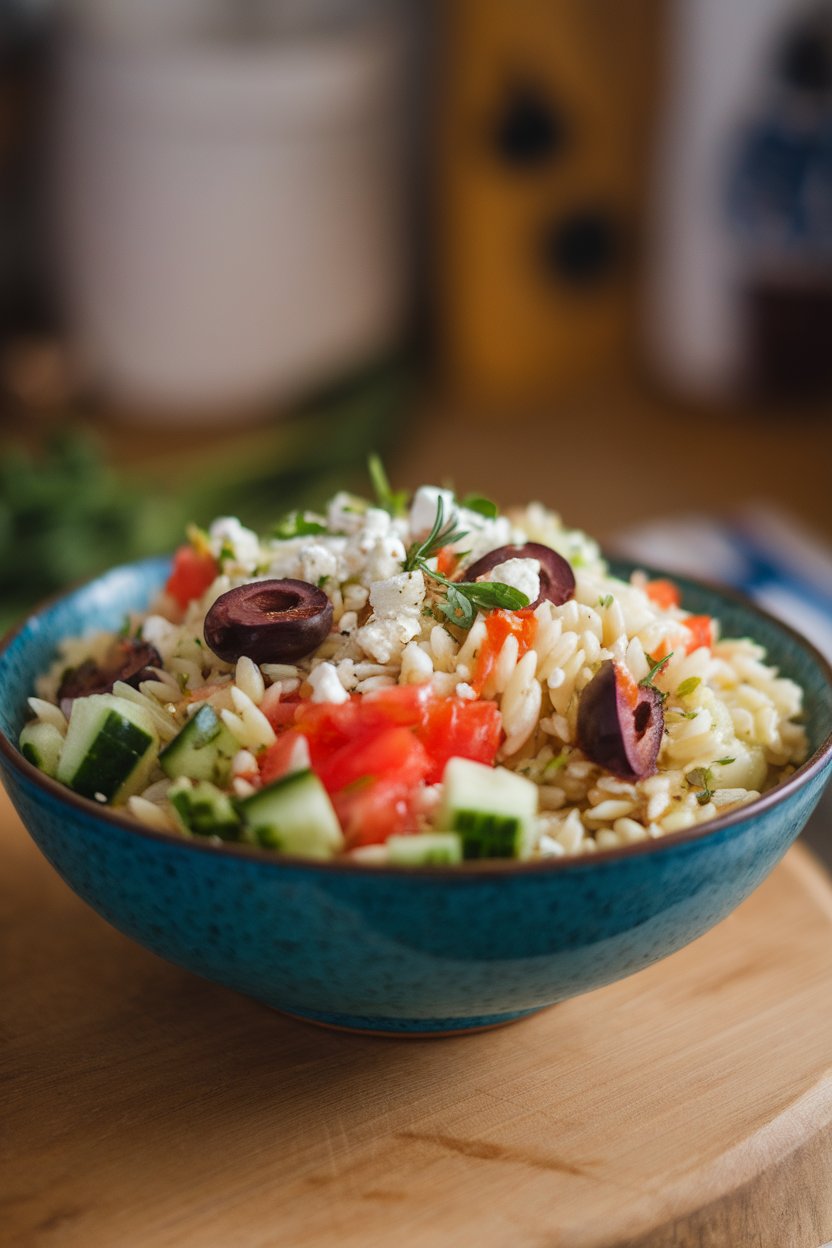Photo of orzo pasta mixed with diced cucumber, tomato, olives, and crumbled feta in a bowl indoors, no text or logos.