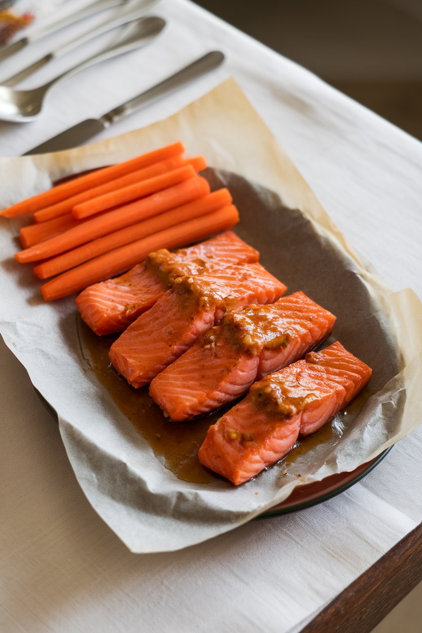 An indoor table with salmon strips glazed in honey-chipotle sauce, arranged on parchment beside carrot sticks. No brand names or text visible.