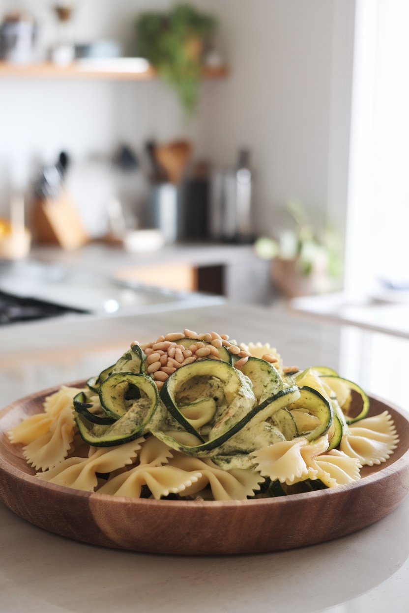 An indoor kitchen island with a wooden platter of farfalle pasta and thin zucchini ribbons tossed in basil pesto, garnished with pine nuts; no text or logos.