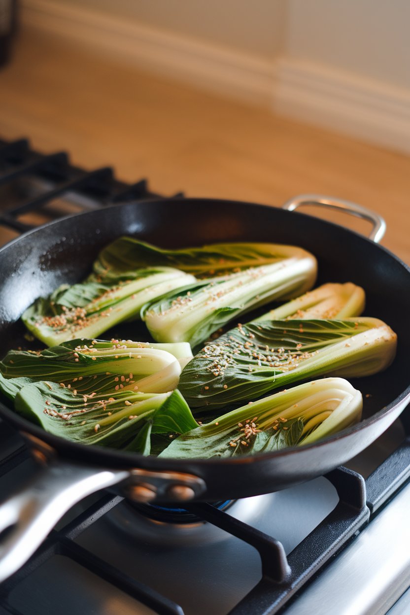 Photo of sautéed baby bok choy drizzled with sesame seeds in a skillet, indoors under stovetop lighting. No branding visible.