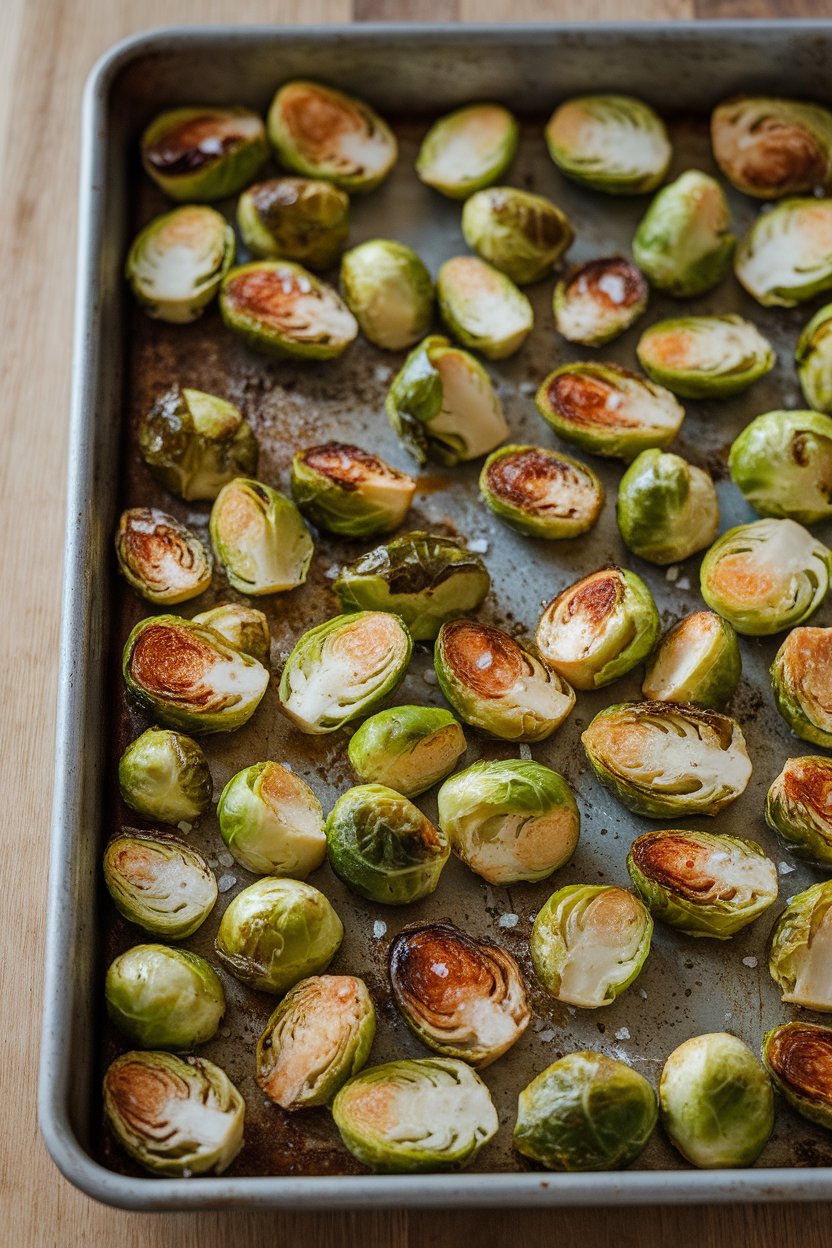 Indoor roasting tray with halved, roasted Brussels sprouts caramelized and sprinkled with sea salt. No branding, no text. Photo.