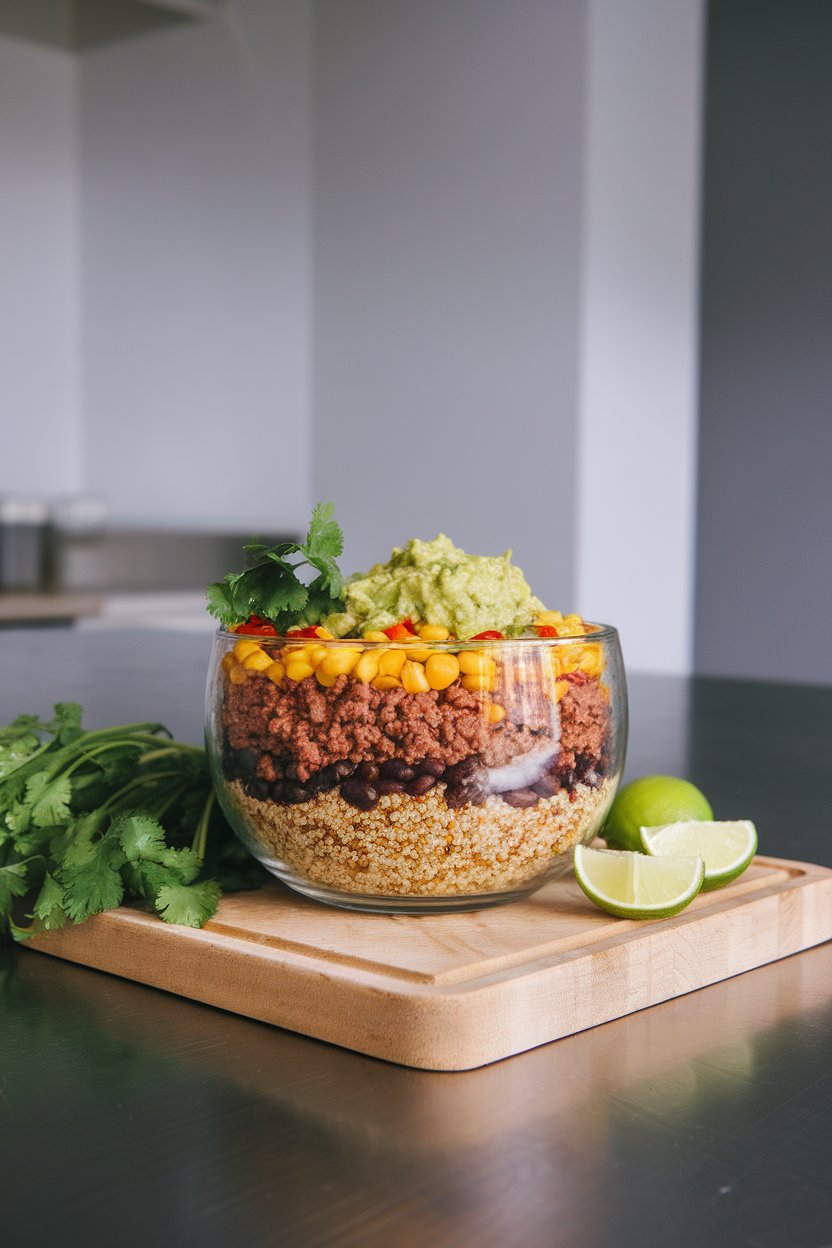 Indoor counter with a bowl layered with quinoa, seasoned ground beef, black beans, corn, and guacamole. Photo, no text or logos present.