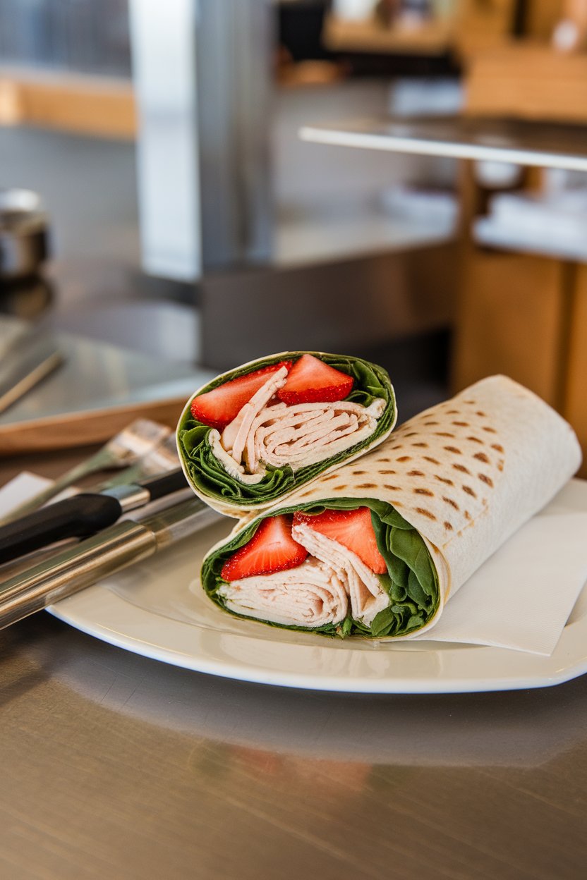 An indoor lunch counter displaying a wrap cut on the bias, revealing layers of fresh spinach, sliced strawberries, turkey, and goat cheese. No text or logos. Photo.