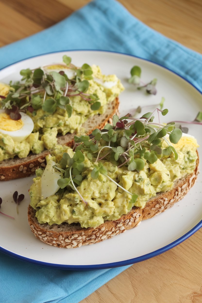 Indoor lunch plate with two slices of sprouted-grain bread topped with chunky avocado egg salad and microgreens. Photo, no text or logos.