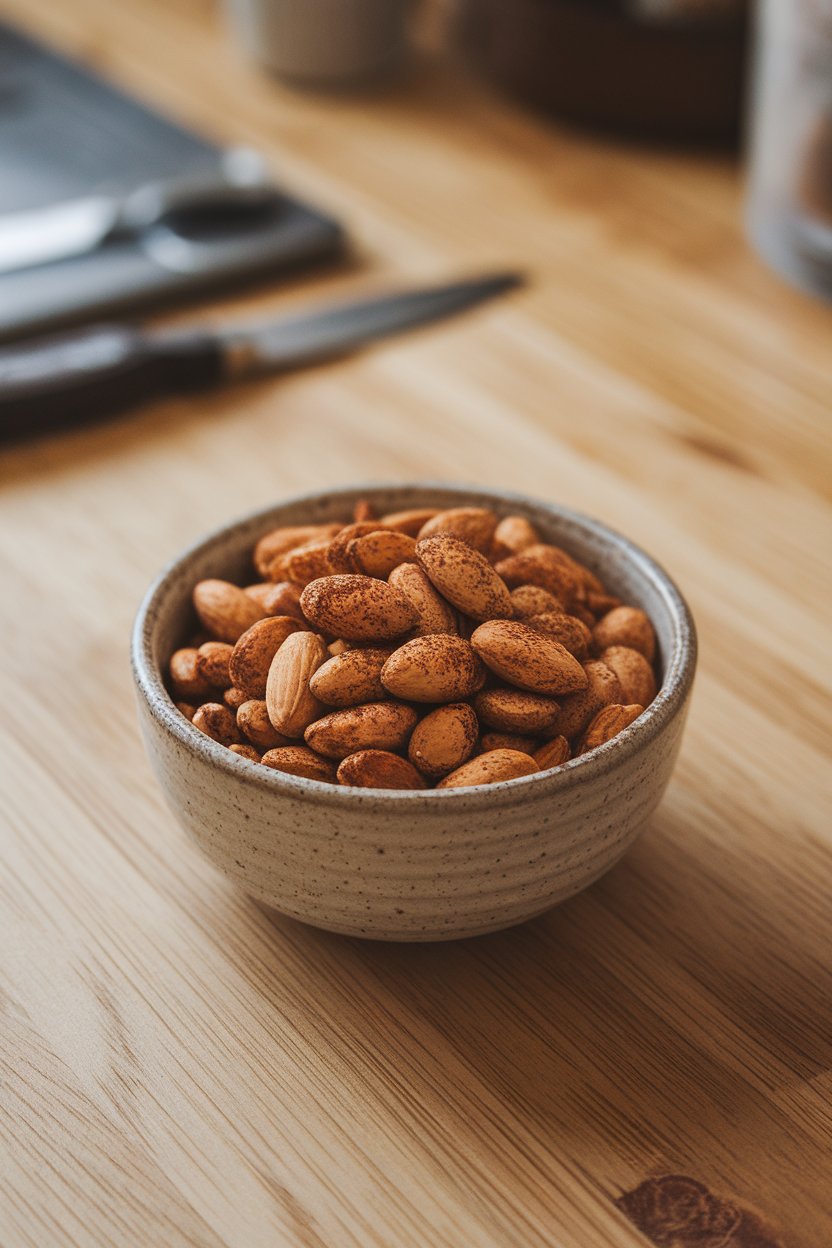 Indoor photo of a bowl of roasted almonds dusted with cinnamon, set on a countertop; no text or logos.