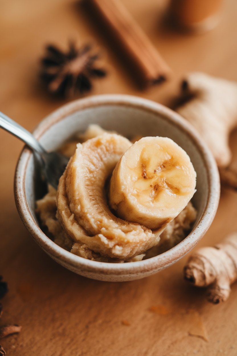 Indoor photo of a small bowl of mashed banana with a fork resting inside, baking spices in the background, no text or logos