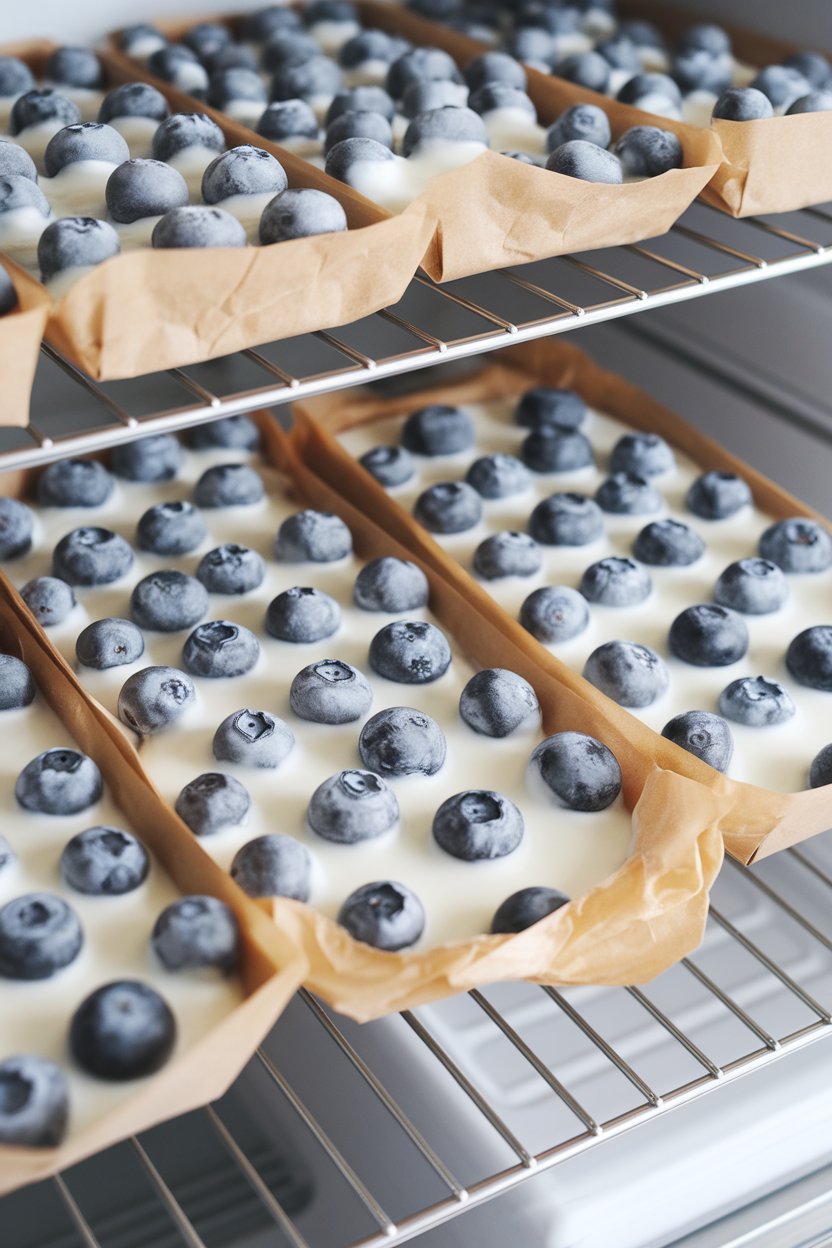 An indoor freezer shelf view of parchment trays holding individual blueberries coated in vanilla Greek yogurt, frozen solid. No text or logos.