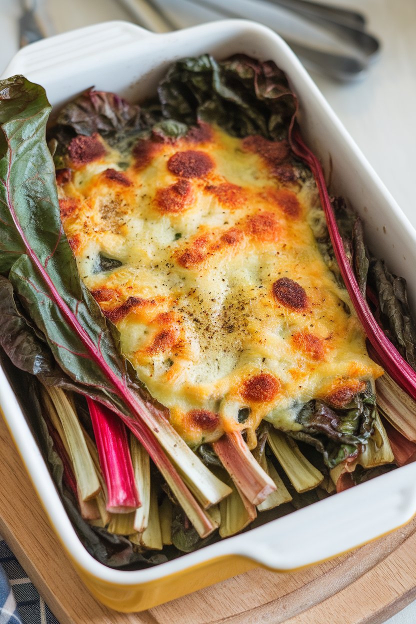 Indoor casserole of rainbow chard stems and leaves baked under a thin Gruyère crust, colors peeking through. No text or logos.