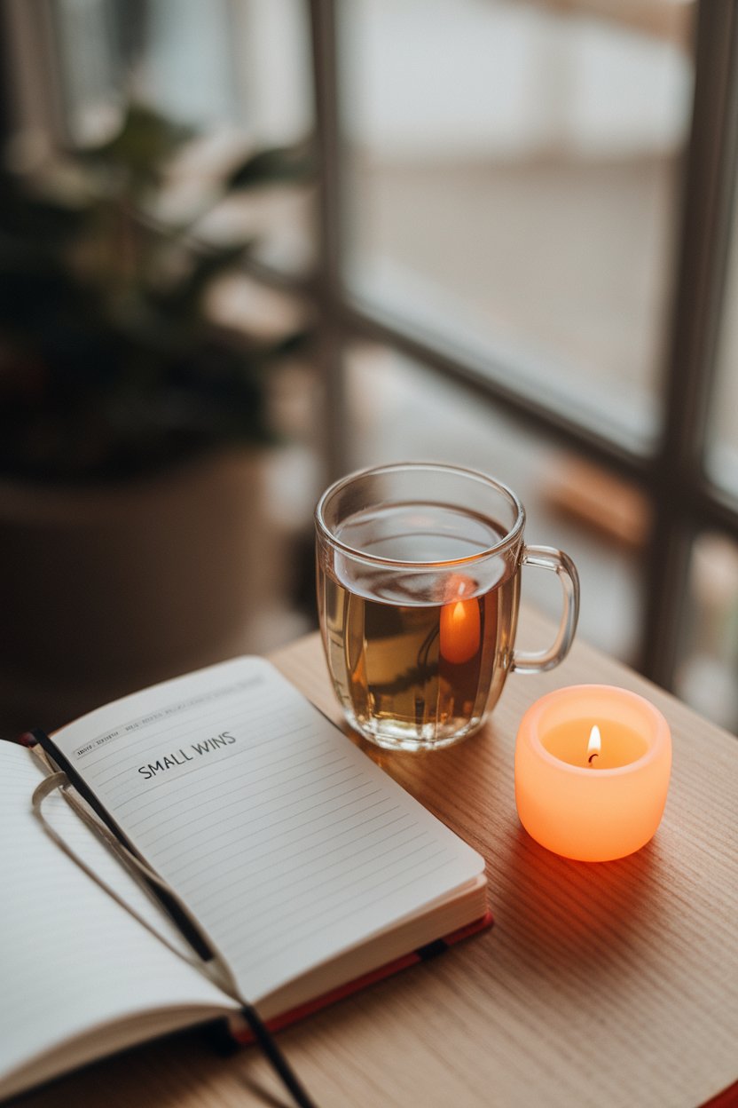 Photo — A journal indoors with a page titled “Small Wins” beside a mug of herbal tea, candle softly glowing. No visible logos or readable text.