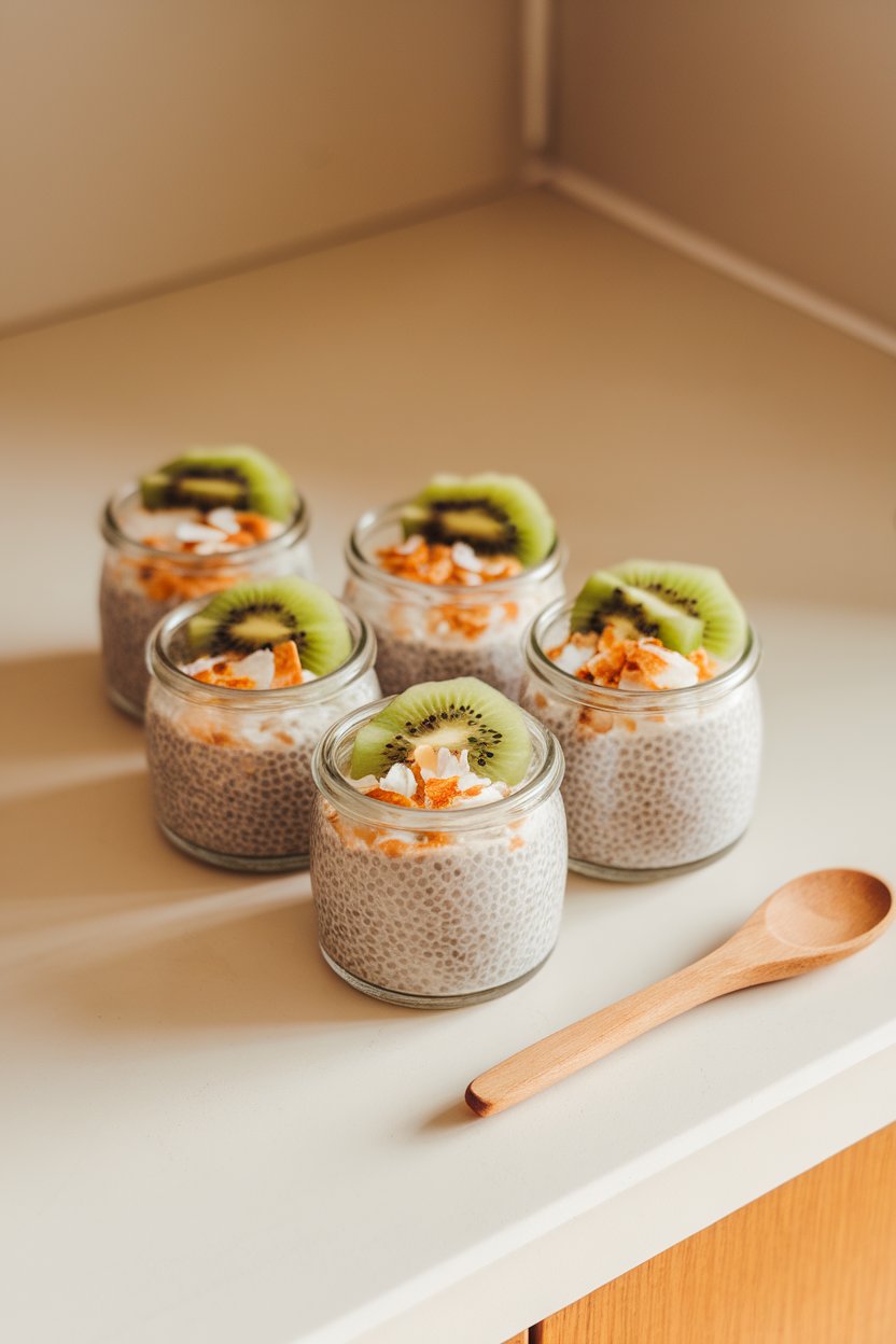 A tidy indoor countertop with small glass jars of chia pudding topped with kiwi slices and toasted coconut flakes. No text or logos in view.