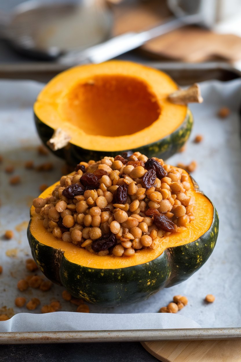 Indoor photo of halved acorn squash filled with spiced lentils and raisins, set on a baking tray. No text or logos.