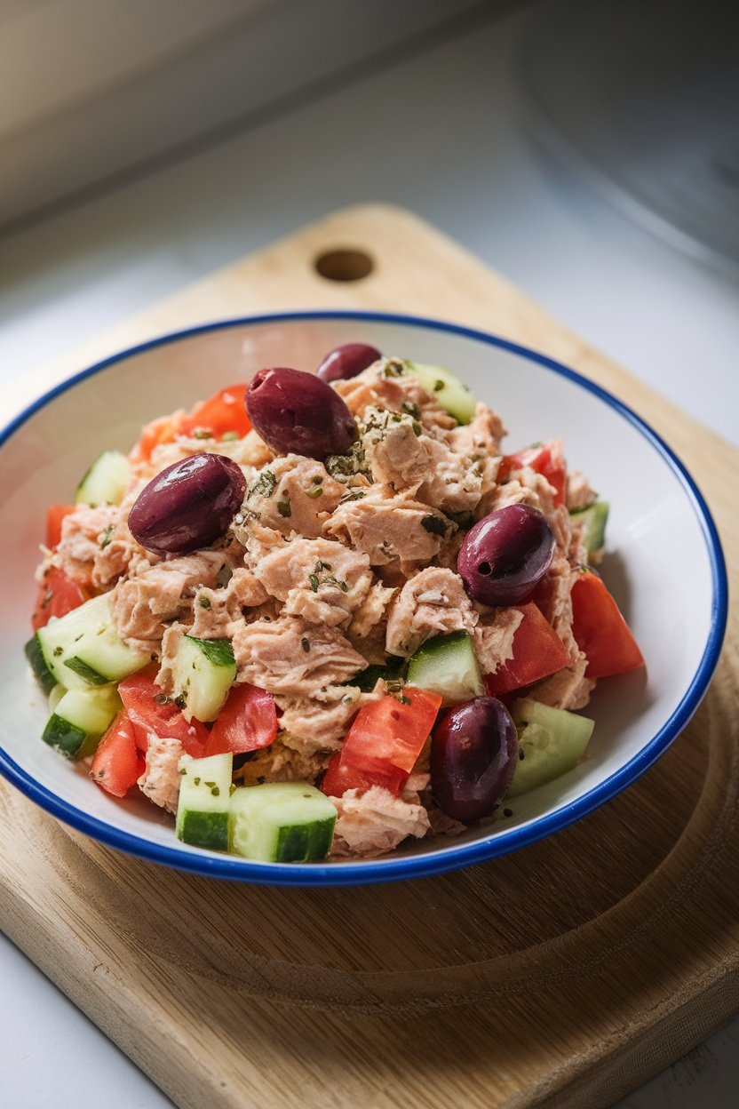 Indoor serving dish of olive-oil based tuna salad with diced cucumber, tomato, kalamata olives, and oregano; gentle kitchen light; photo, no text or logos.